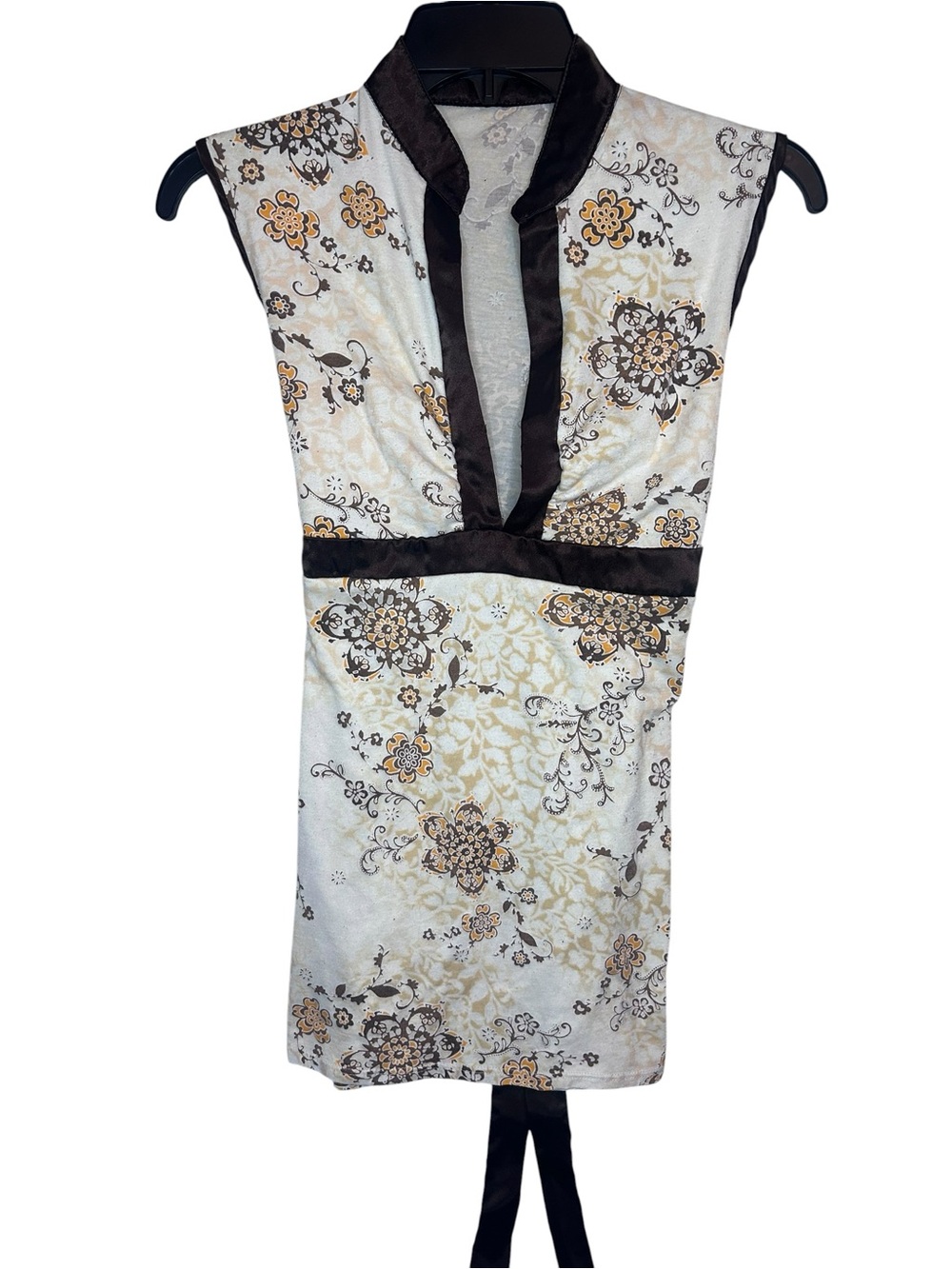 Y2K Floral Satin Sleeveless V-Neck Blouse - Cream & Brown